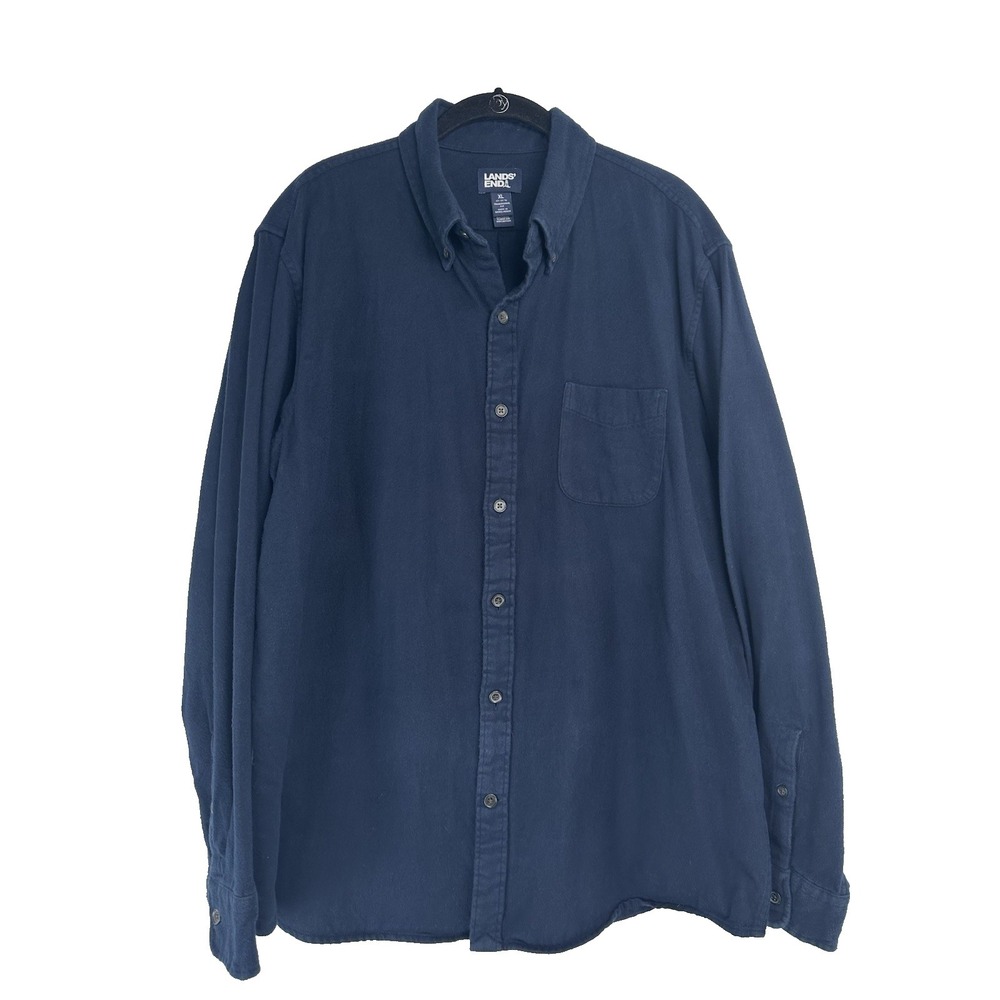 Lands' End Men's Flannel Button Up Size XL Navy Blue Outdoors Layering Bonfire